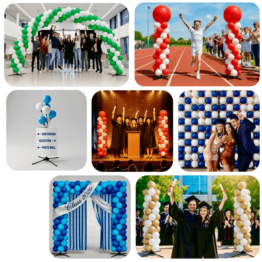 Wiederverwendbare Ballonsäulen bei Abschlussfeier in Schulaula